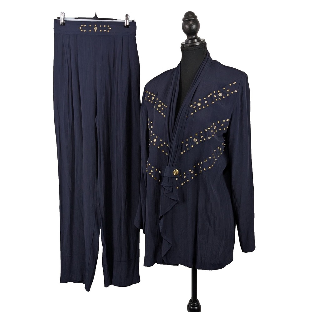 Vintage Laurence Miller Navy Beaded 2-Piece Pant Suit Made in USA